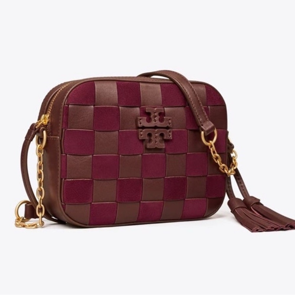 Tory Burch Burgundy and Brown Checkered Crossbody - McGraw Woven Camera bag